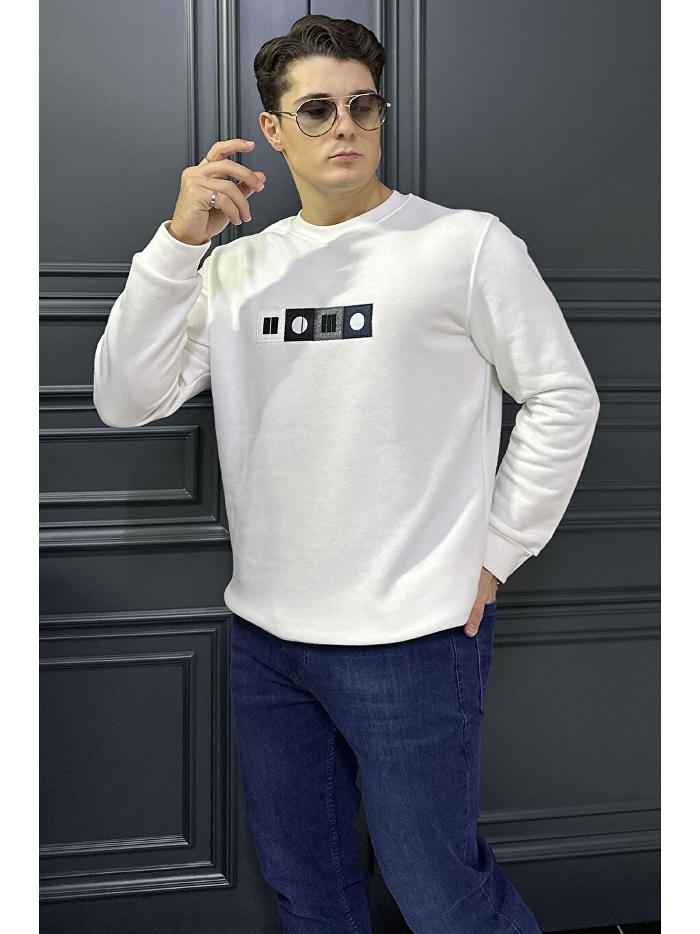 Ekru Ön Baskılı Erkek Sweatshirt