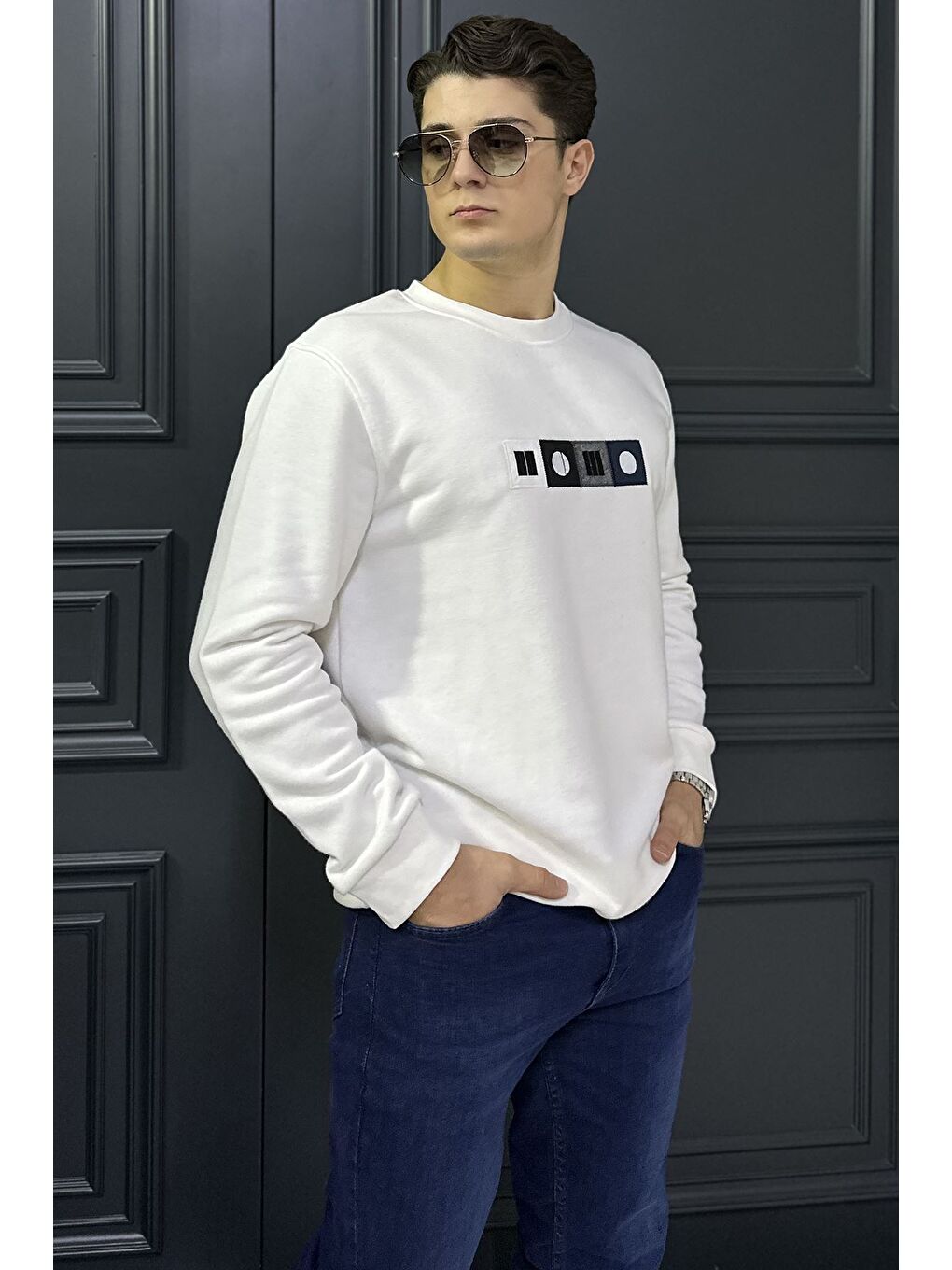 Ekru Ön Baskılı Erkek Sweatshirt-1