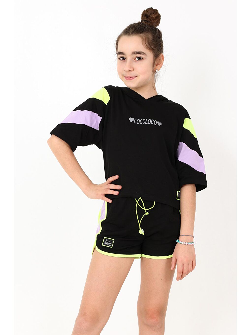 Siyah Kız Çocuk İki Kalpli Şortlu Takım 10-15 Yaş 13857-2
