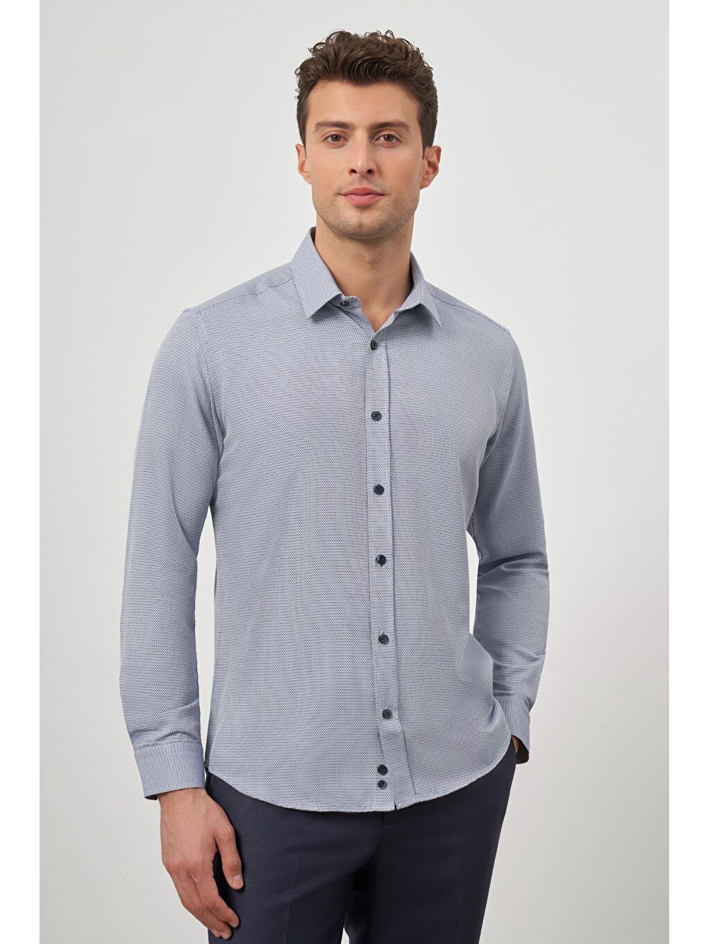 Koyu Lacivert Uzun Kol Kendinden Armürlü Cepsiz Pamuklu Classic Slim Fit Gömlek 1004245161-2