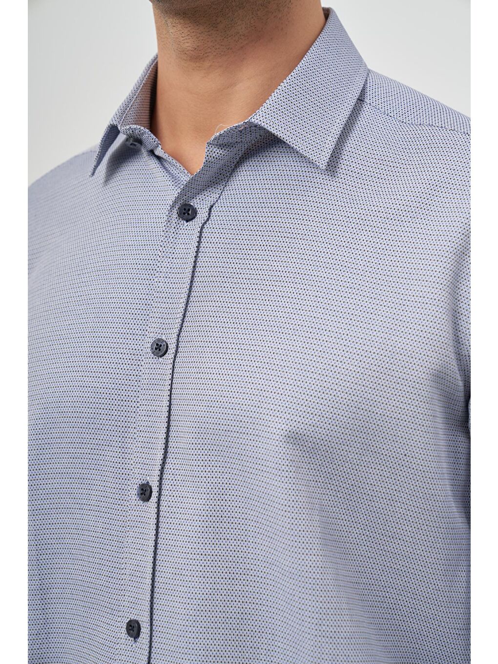 Koyu Lacivert Uzun Kol Kendinden Armürlü Cepsiz Pamuklu Classic Slim Fit Gömlek 1004245161-4