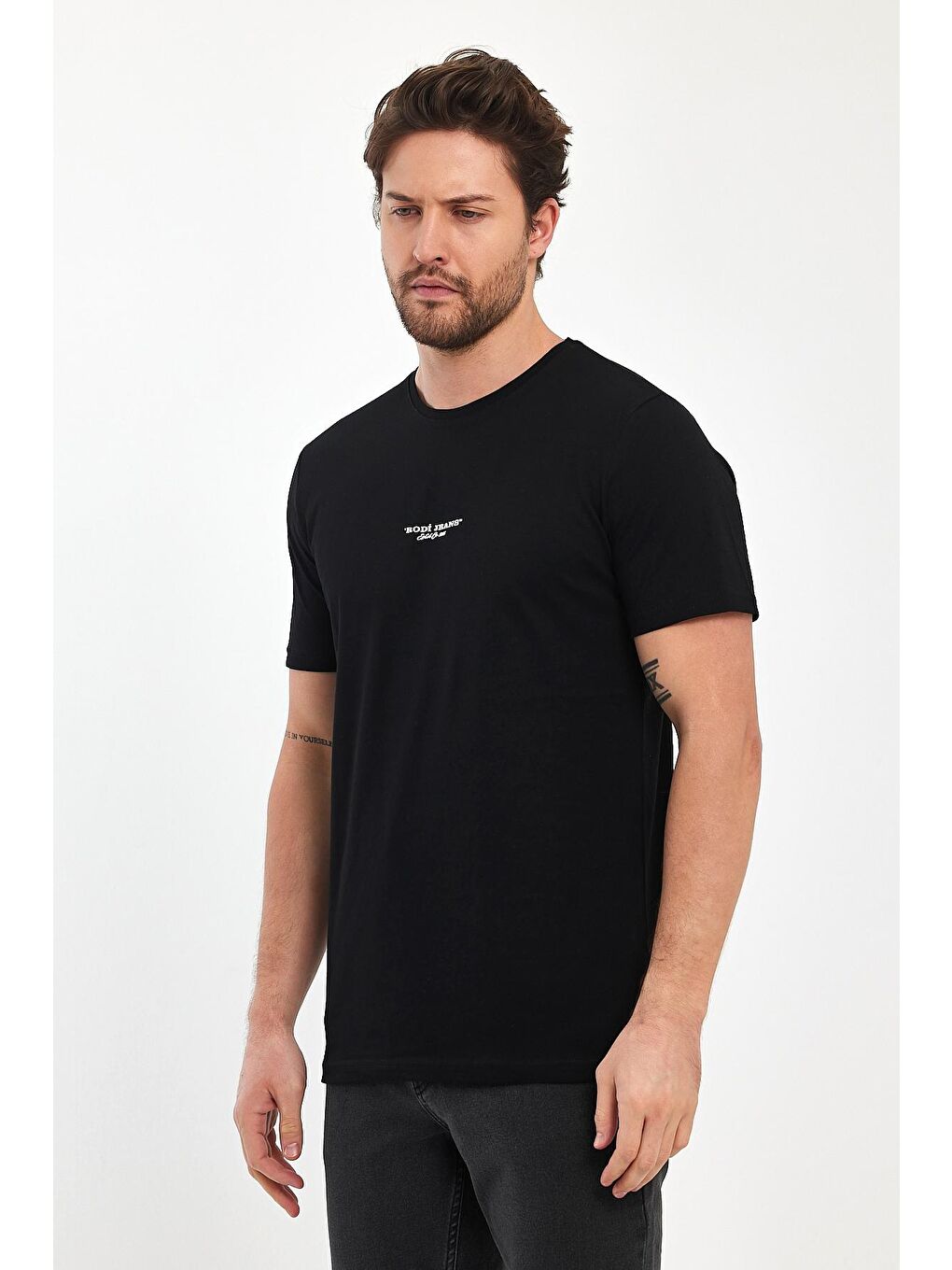 Siyah Erkek Önü Baskılı Bisiklet Yaka Tişört-4