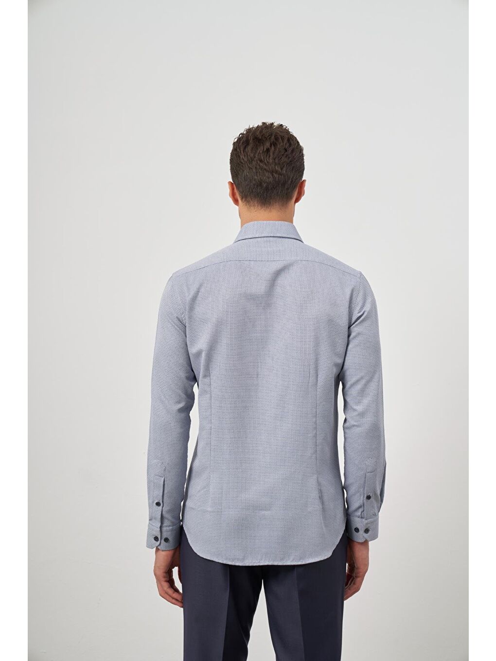 Koyu Lacivert Uzun Kol Kendinden Armürlü Cepsiz Pamuklu Classic Slim Fit Gömlek 1004245161-6