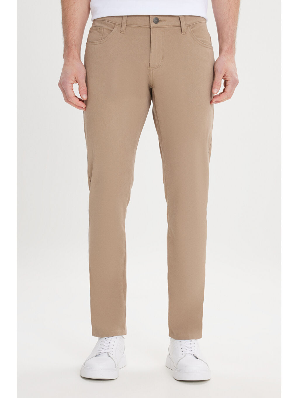 Kahverengi Erkek Camel Slim Fit Dar Kesim 5 Cep Pamuklu Esnek Chino Pantolon-1