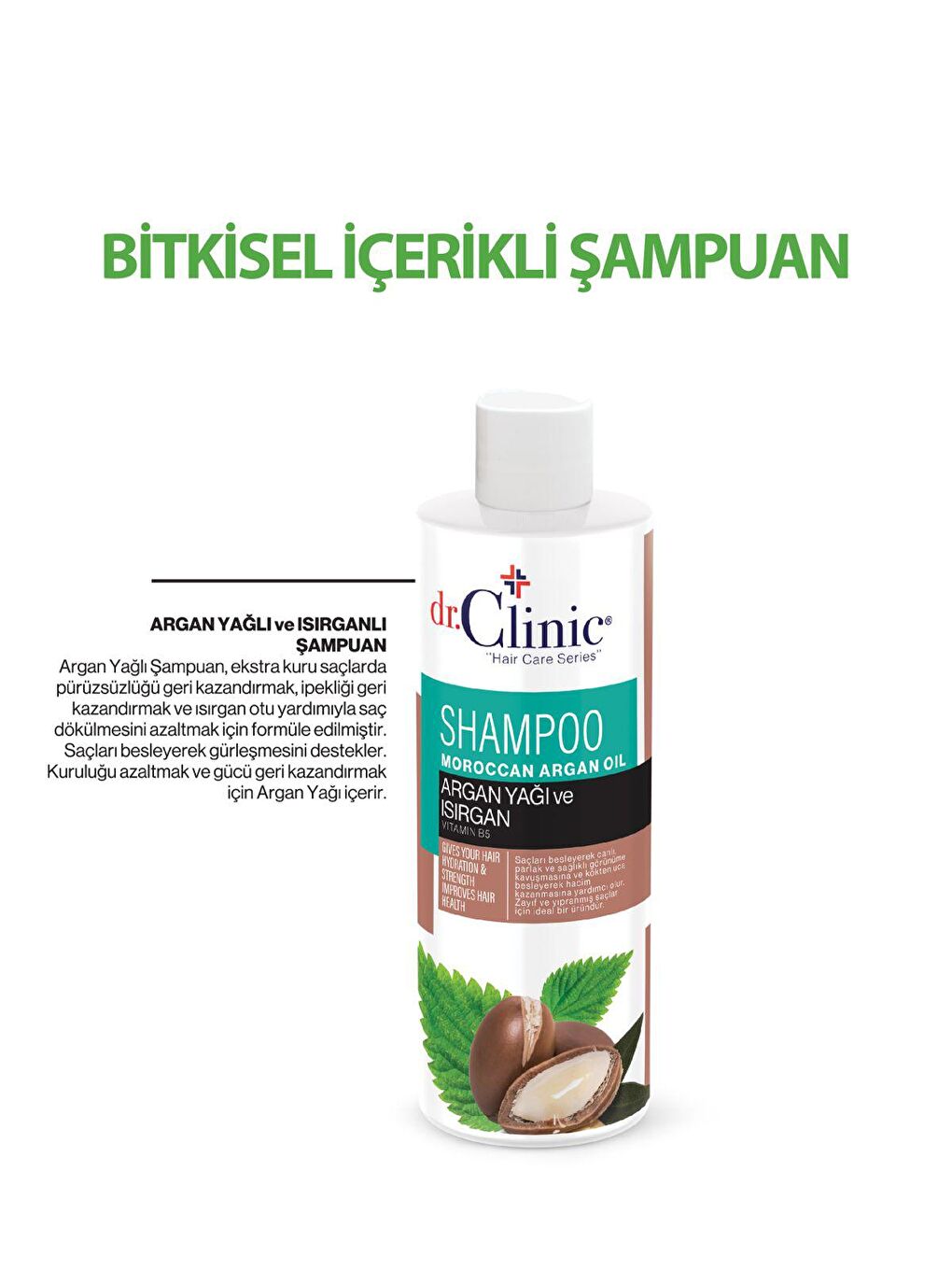 Dr. Clinic Şeffaf Bitkisel İçerikli Isırgan ve Argan Yağlı Şampuan 400 ml