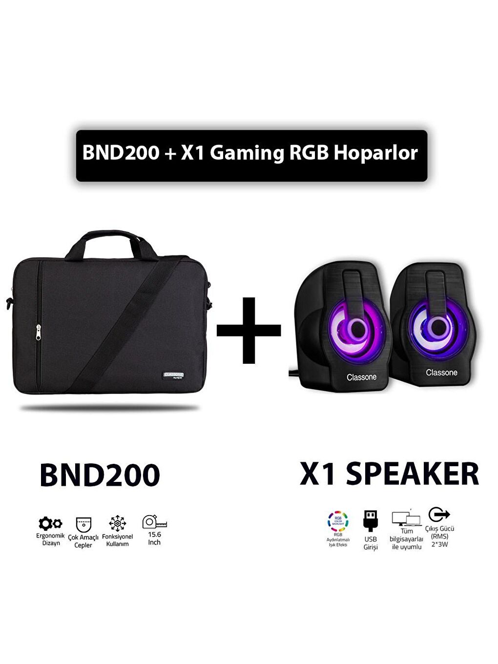 Classone Siyah BND200 15,6 Laptop Notebook El Çantası + X1 Rgb Gaming Speaker - 2