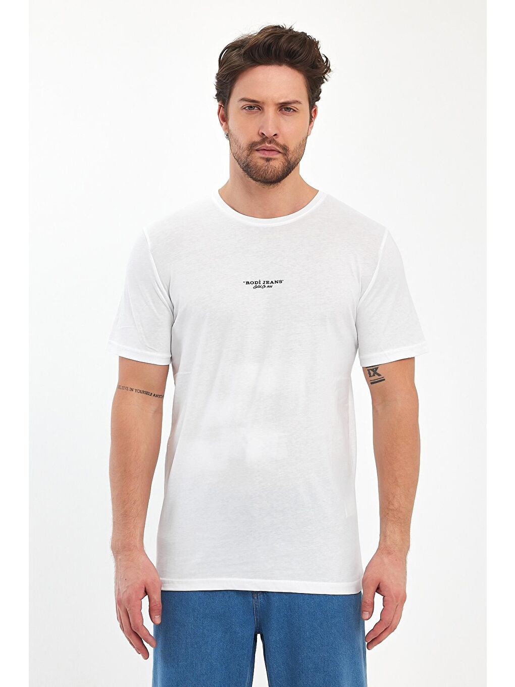 Beyaz Önü Baskılı Bisiklet Yaka Erkek Tişört