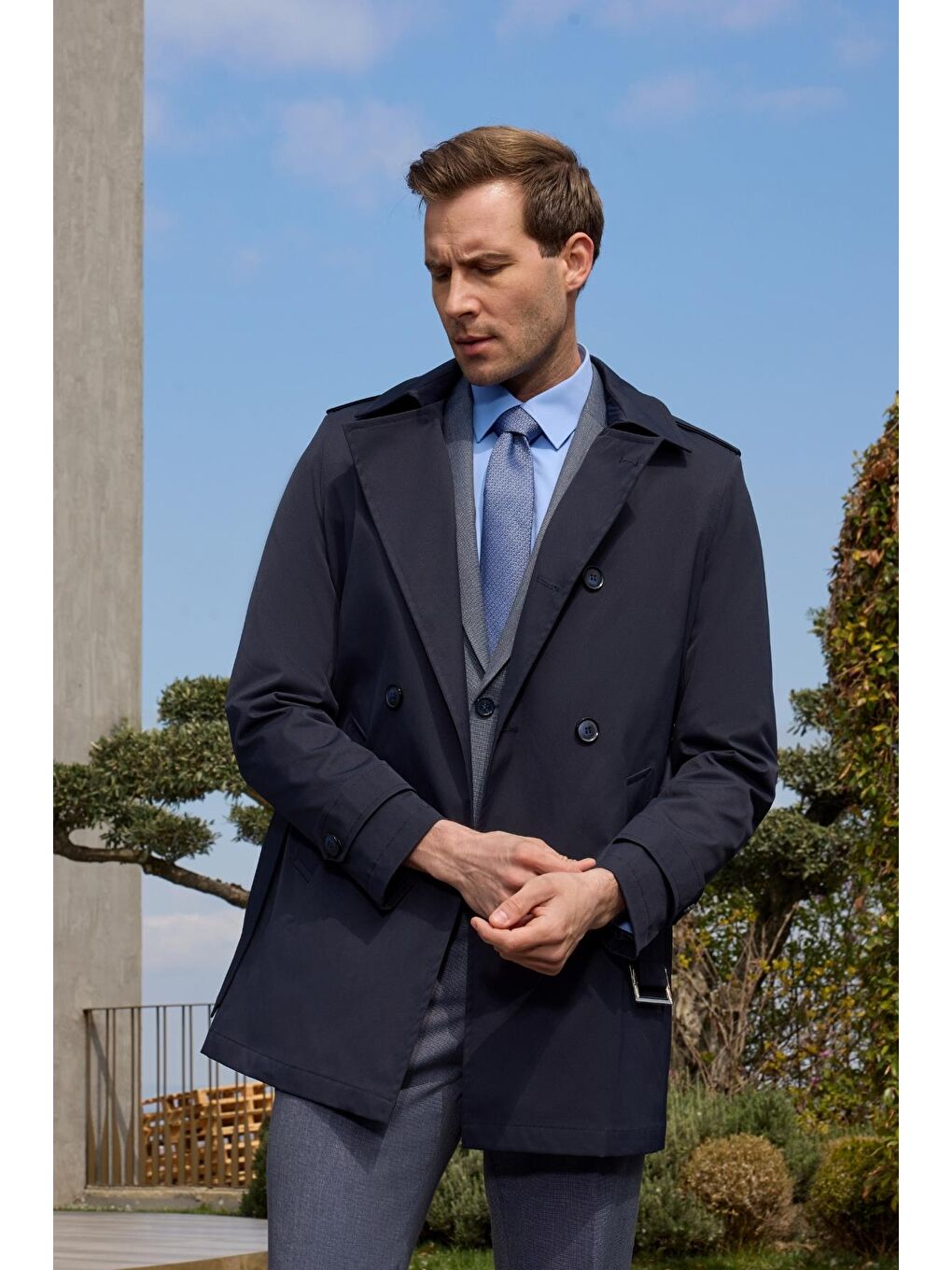 Koyu Lacivert Mono Yaka Düz Classic Slim Fit Pardesü 1006250105