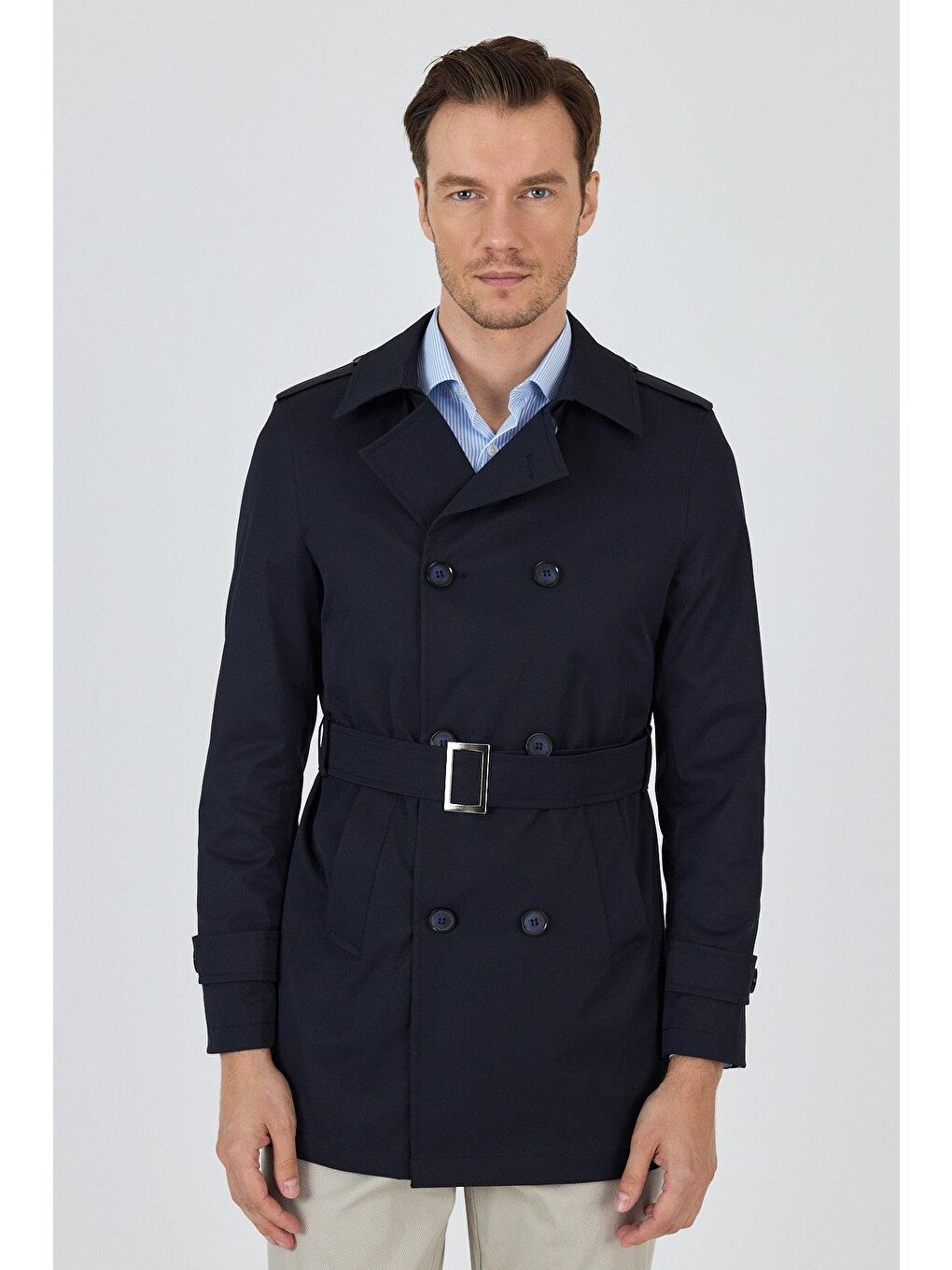 Koyu Lacivert Mono Yaka Düz Classic Slim Fit Pardesü 1006250105-1