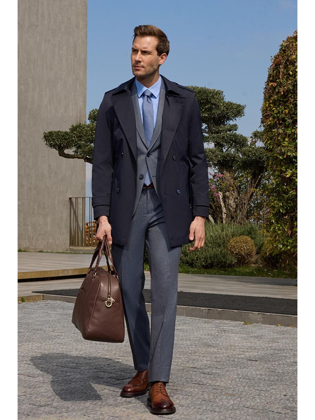 Koyu Lacivert Mono Yaka Düz Classic Slim Fit Pardesü 1006250105-2