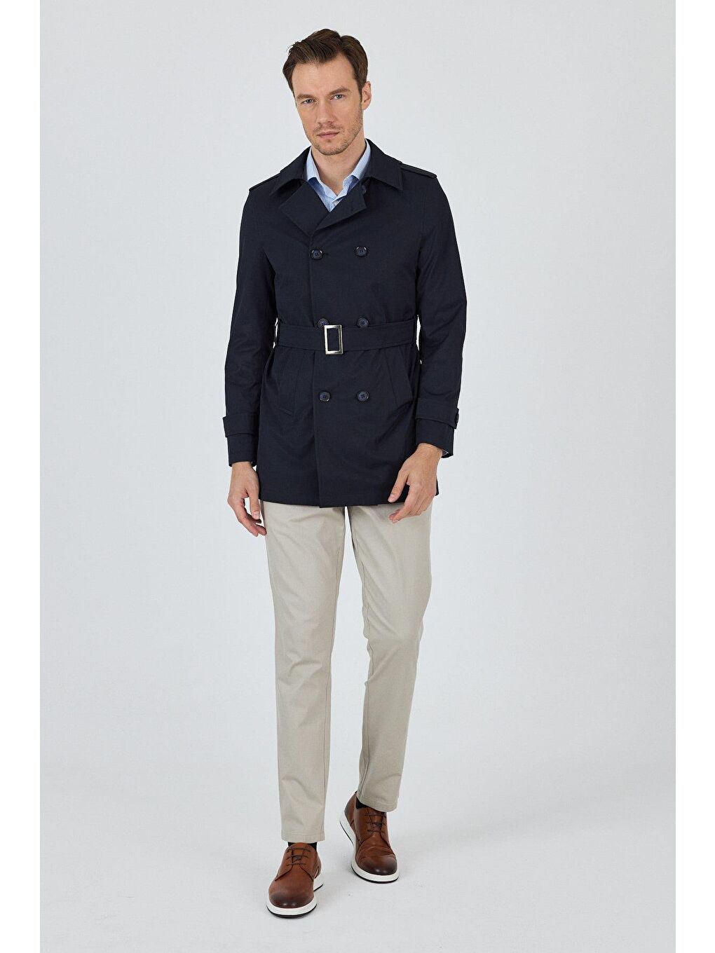 Koyu Lacivert Mono Yaka Düz Classic Slim Fit Pardesü 1006250105-3