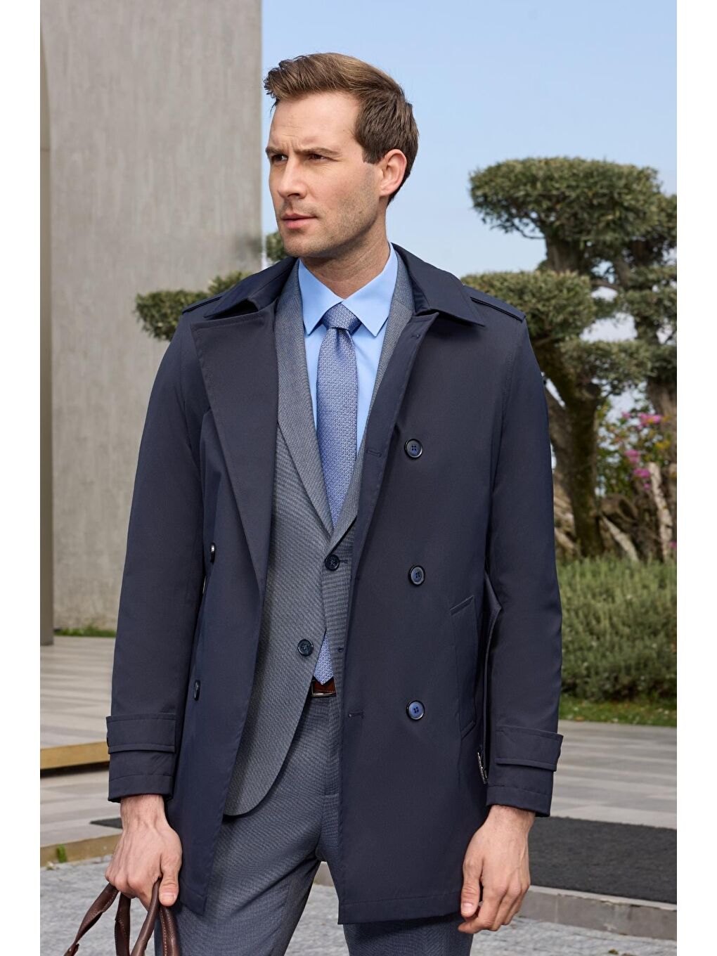 Koyu Lacivert Mono Yaka Düz Classic Slim Fit Pardesü 1006250105-4