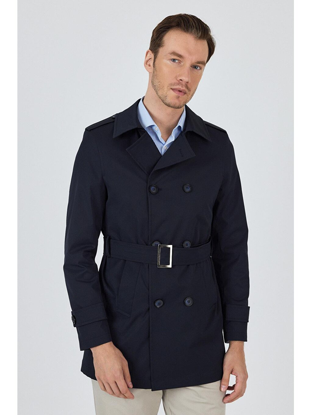 Koyu Lacivert Mono Yaka Düz Classic Slim Fit Pardesü 1006250105-5