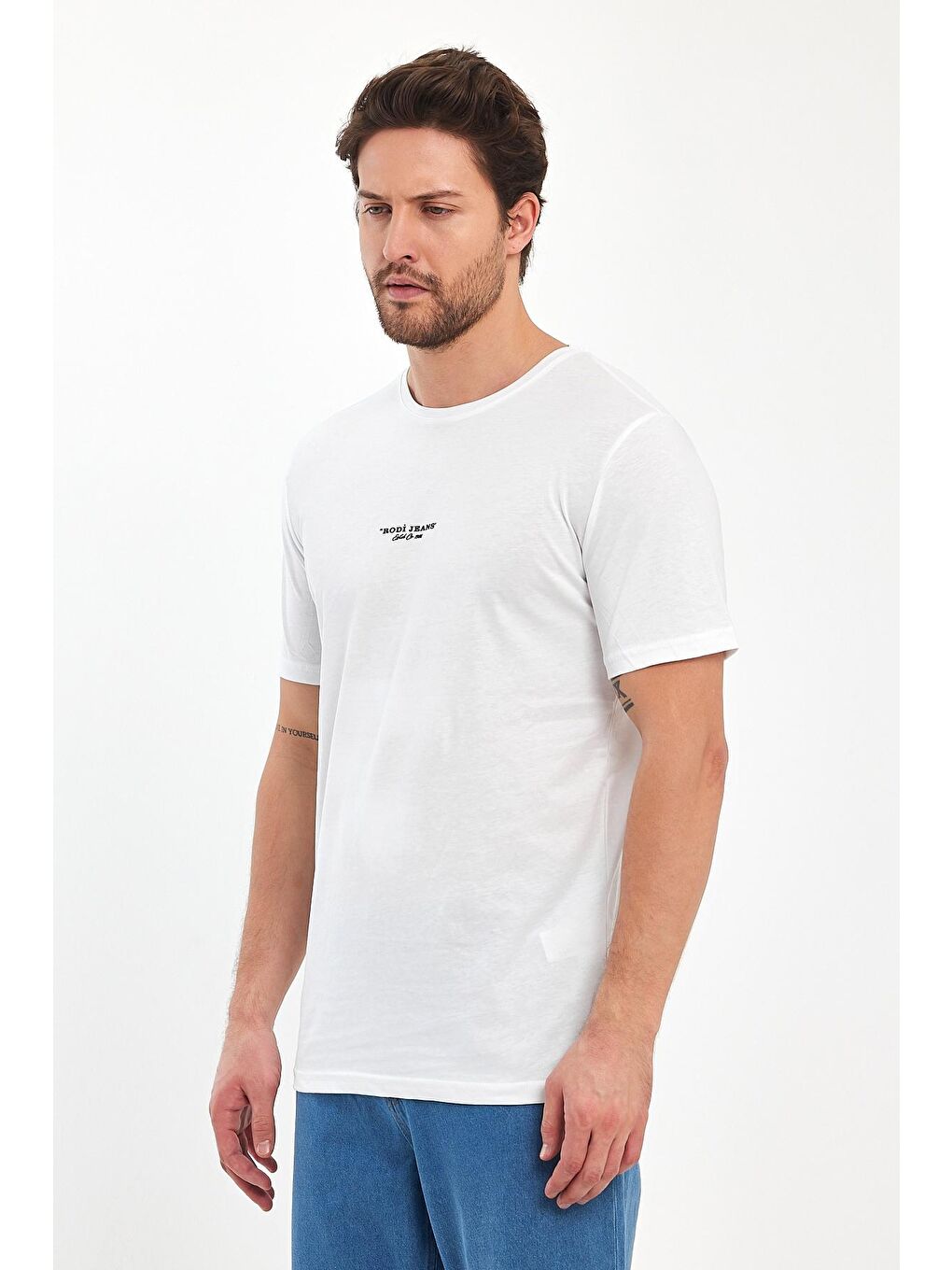 Beyaz Önü Baskılı Bisiklet Yaka Erkek Tişört-4