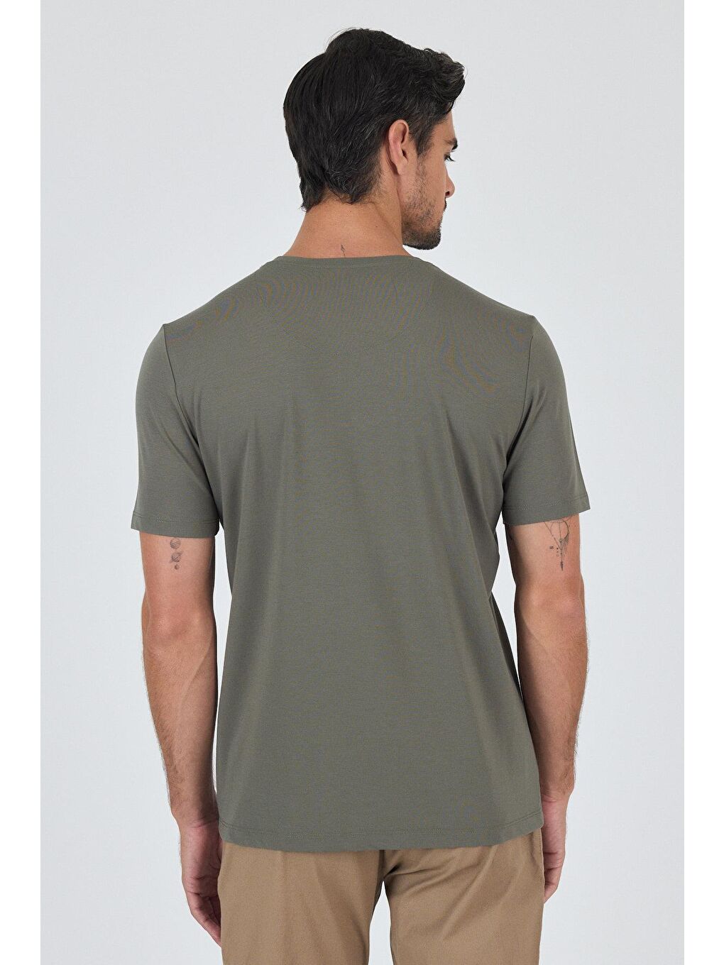 Koyu Haki Kısa Kol Bisiklet Yaka Cepsiz Pamuklu Casual Slim Fit Büyük Beden Tişört 1011250165-4