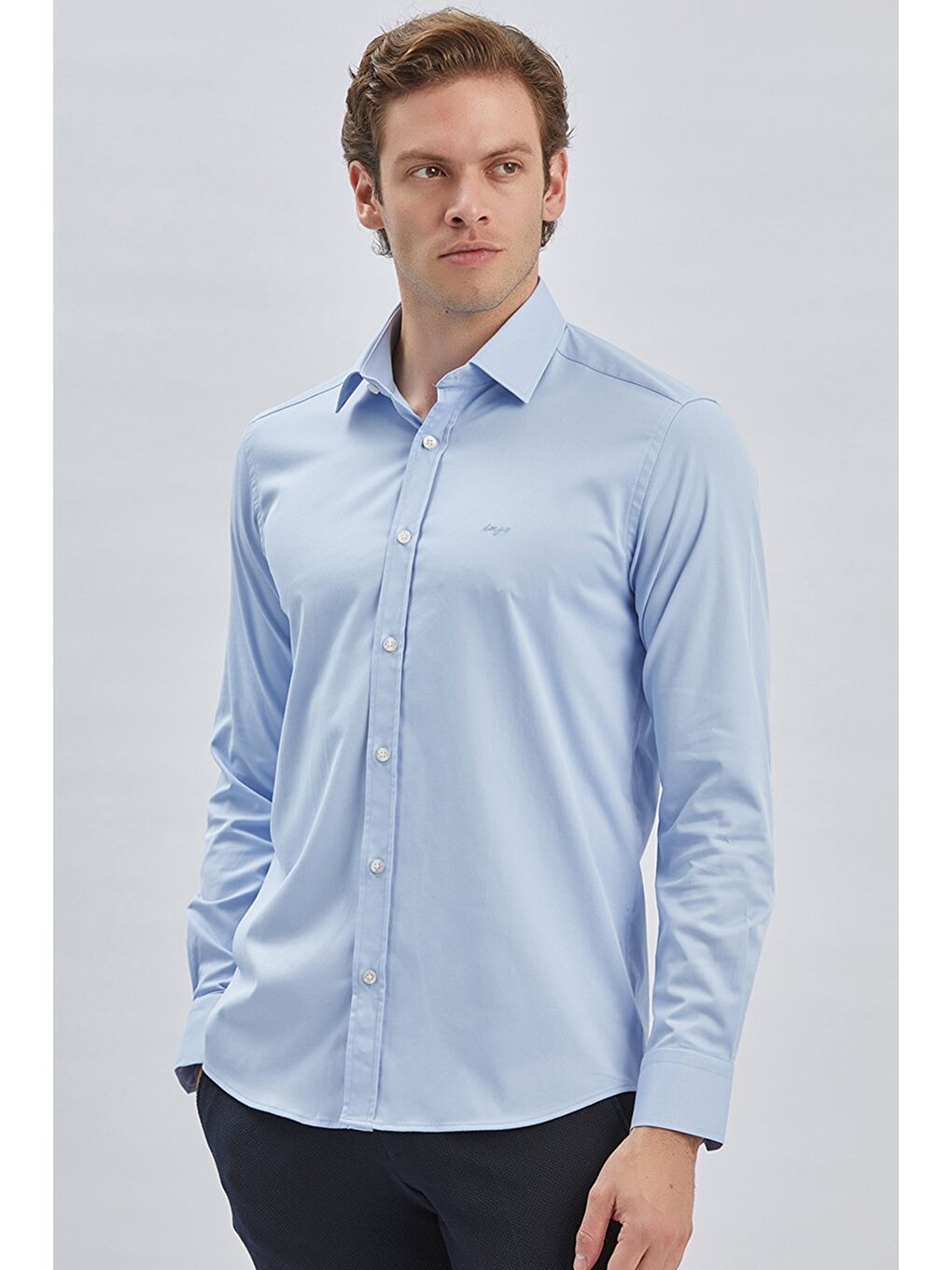 Mavi Uzun Kollu Sert Yaka Cepsiz Pamuklu Elastanlı Klasik Slim Fit Dar Kesim Gömlek 1004240234