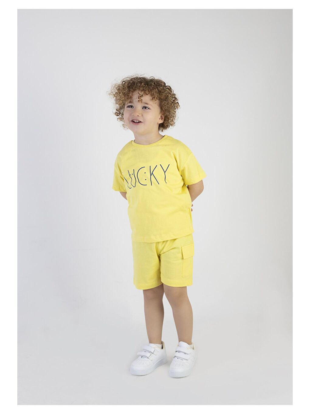 Sarı Erkek Bebek Lucky Baskılı Kısa Kollu Şortlu Alt Üst Takım-3