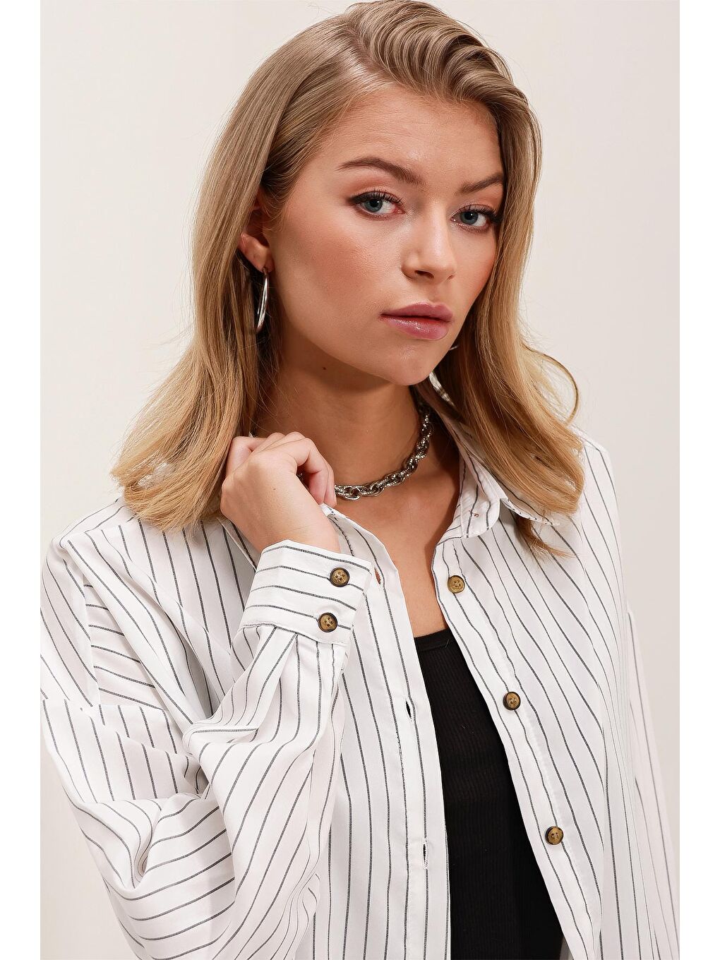 3900 Oversize Uzun Basic Gömlek - C.Beyaz-2