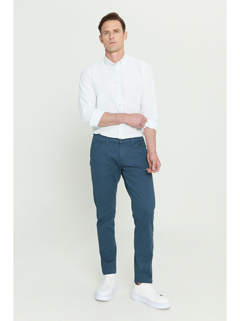 Erkek Petrol Slim Fit Dar Kesim 5 Cep Pamuklu Esnek Chino Pantolon-2