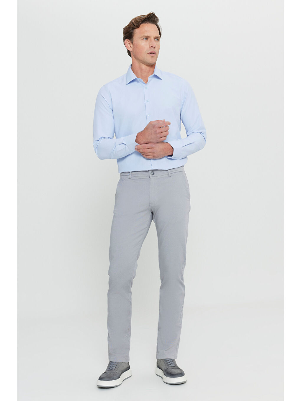 Erkek Gri Slim Fit Dar Kesim Yan Cep Pamuklu Esnek Chino Pantolon-1