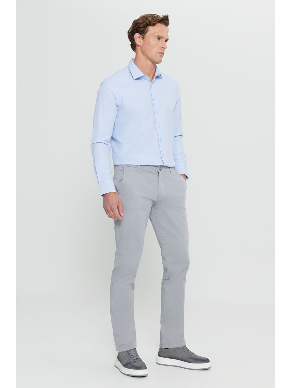 Erkek Gri Slim Fit Dar Kesim Yan Cep Pamuklu Esnek Chino Pantolon-2