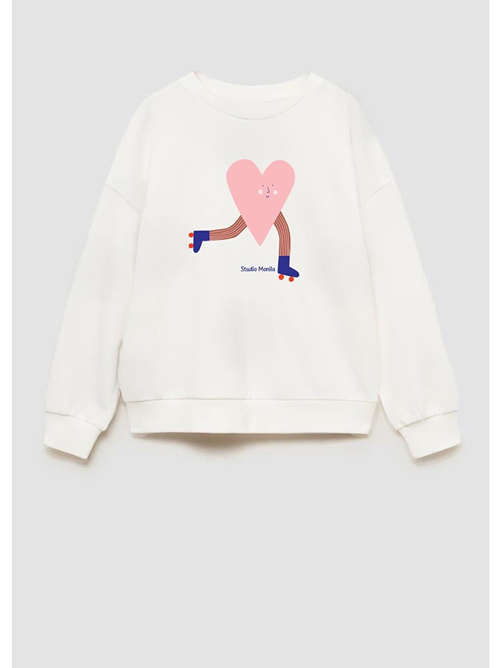 Ekru Kız Çocuk Kalp Baskılı 3 İplik Kumaş Pamuklu Sweatshirt