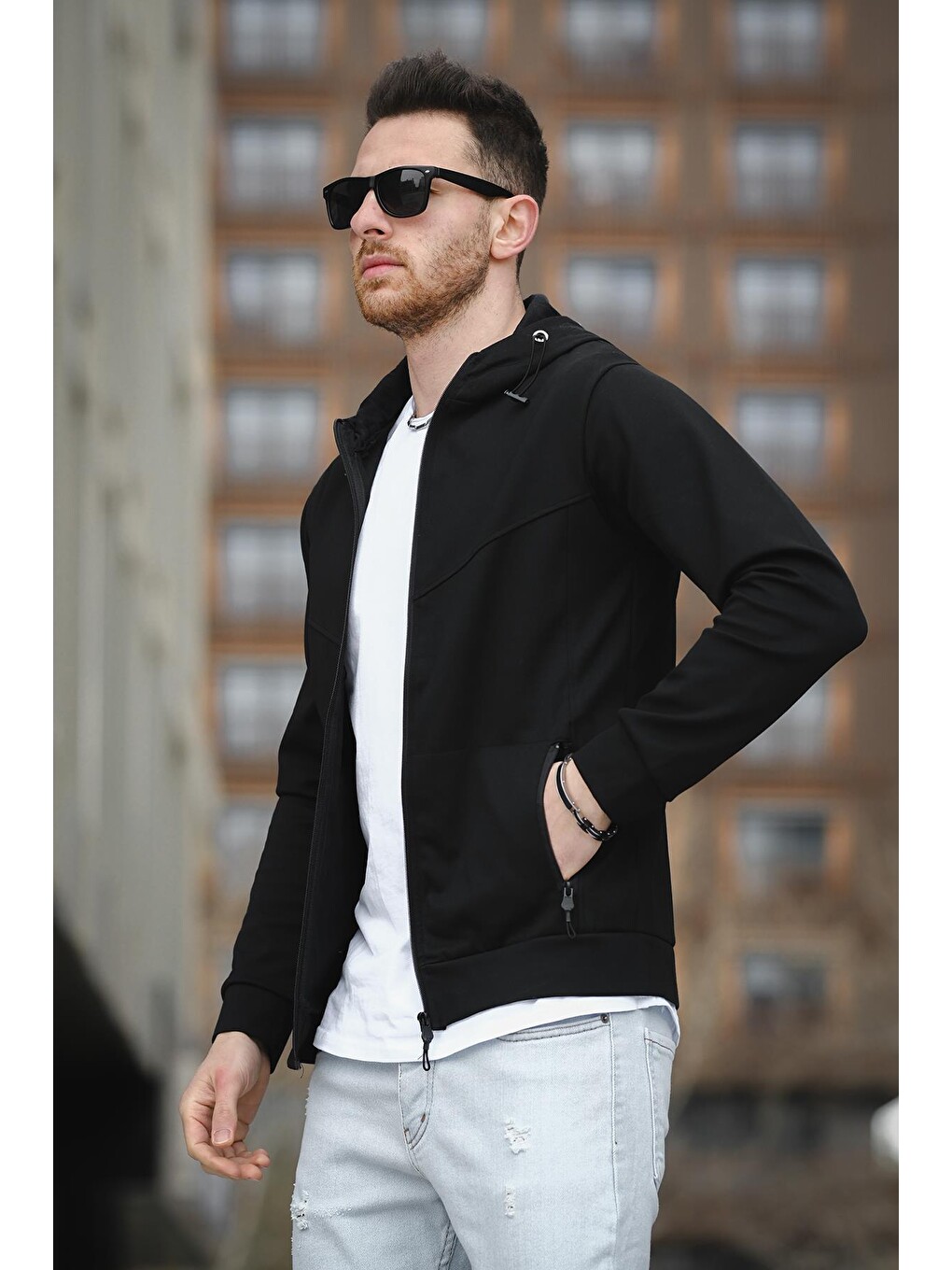 Siyah Chev Micro İnterlok Dik Yaka  Erkek Fermuarlı Sweatshirt Hırka-1