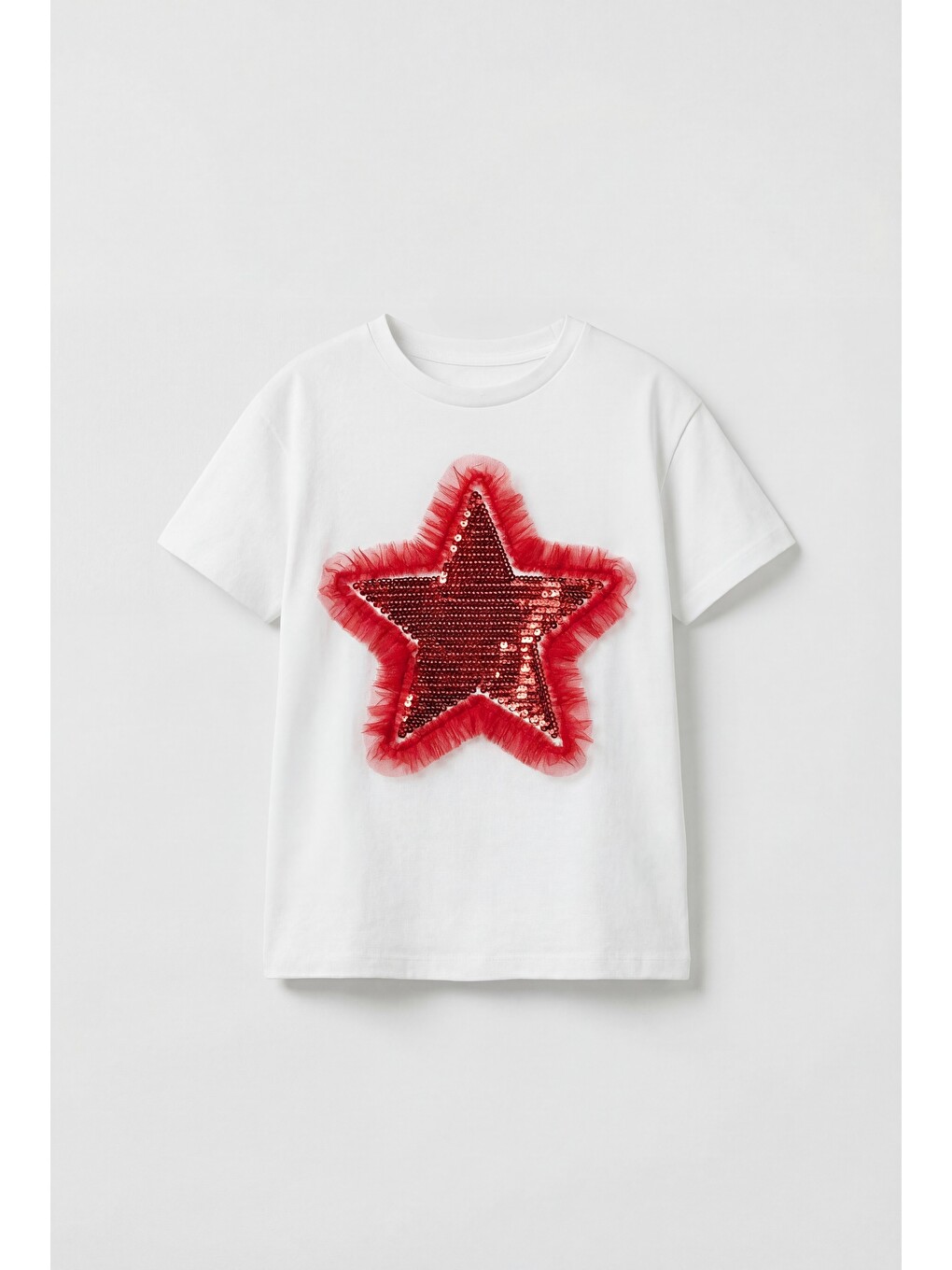 Karışık Kız Çocuk Pamuklu Beyaz Yıldız Aplikeli T-shirt