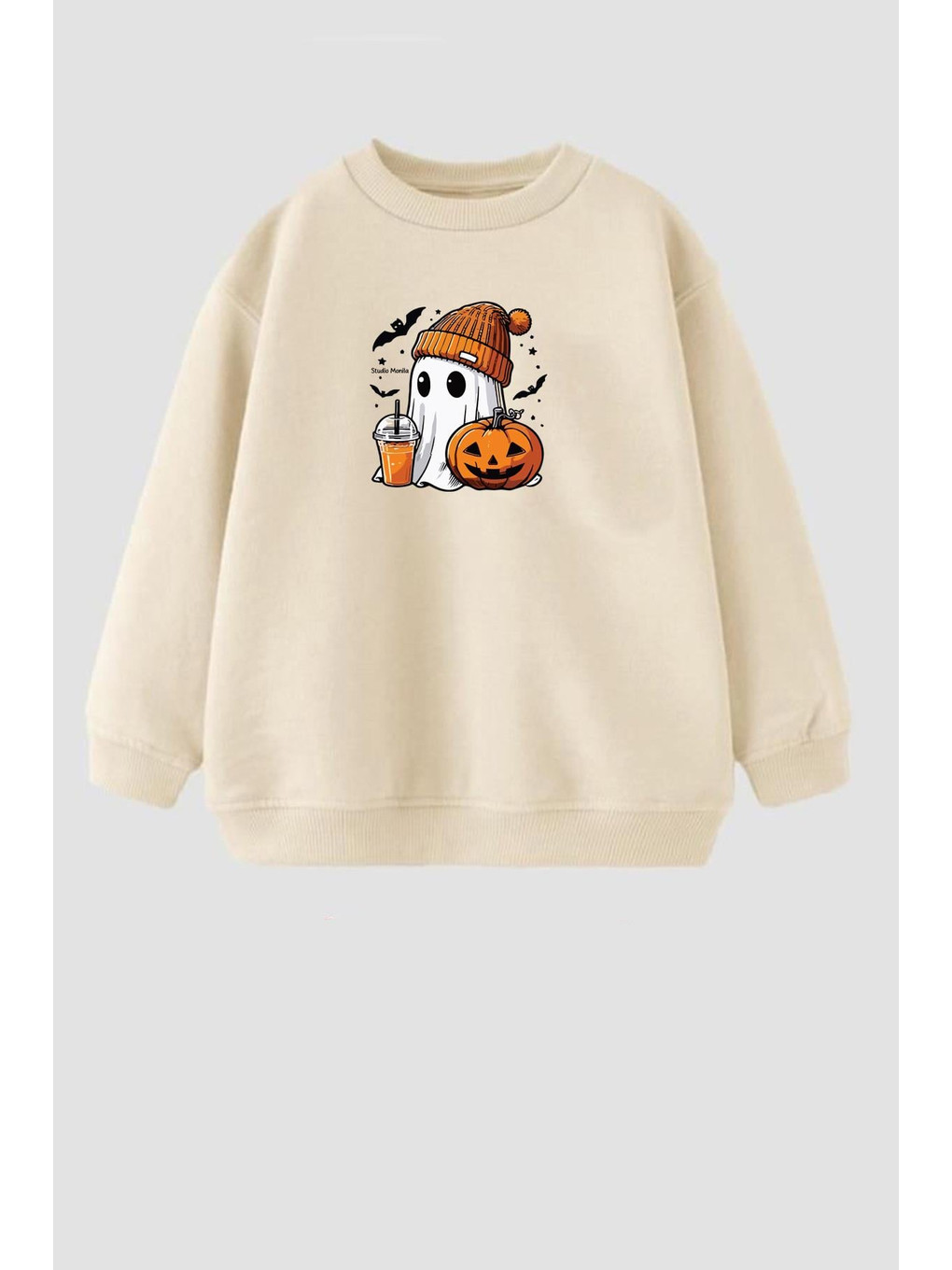 Bej Unisex Çocuk Cadılar Bayramı 3 İplik Pamuklu Kumaş Baskılı Sweatshirt