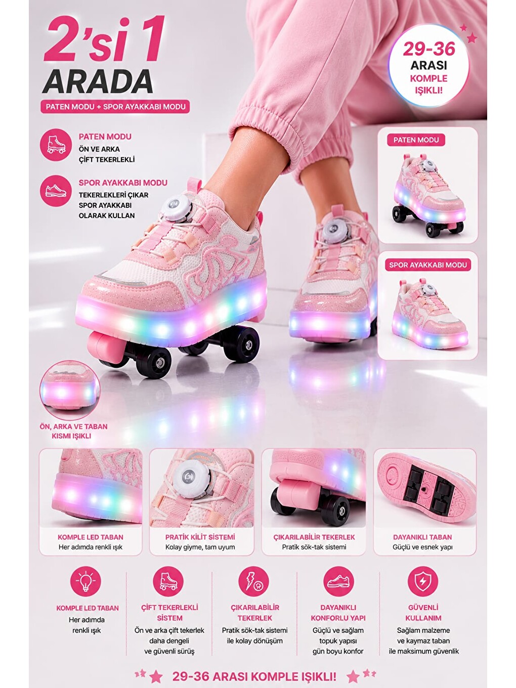 Pembe Unisex Çocuk, Işıklı, Spor Ayakkabı, Akıllı Bağcıklı, Çıkarılabilir Patenli Sneaker-1
