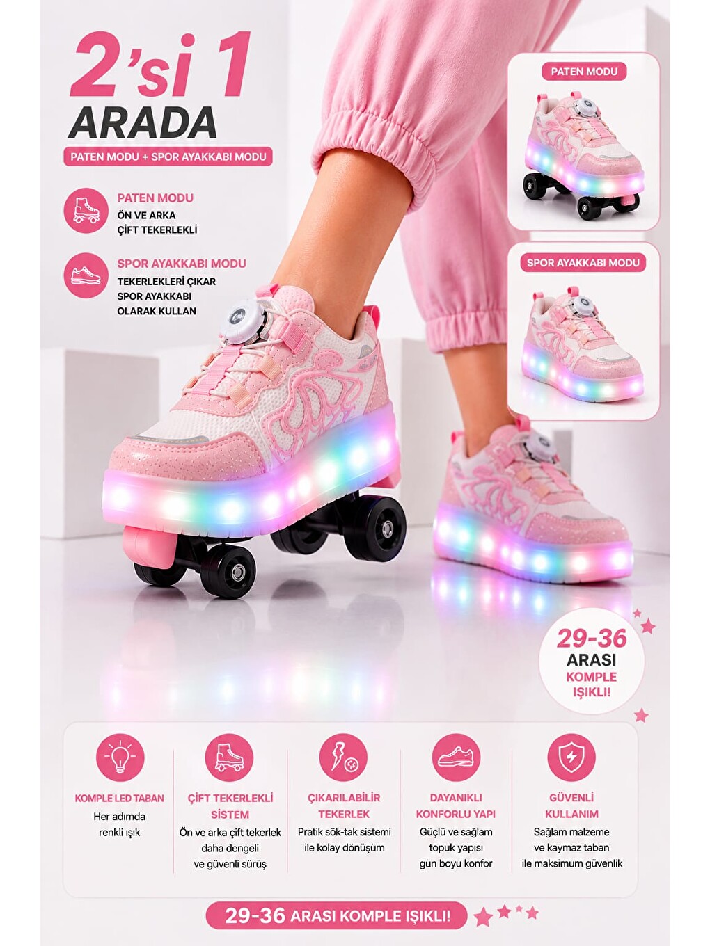 Pembe Unisex Çocuk, Işıklı, Spor Ayakkabı, Akıllı Bağcıklı, Çıkarılabilir Patenli Sneaker-2