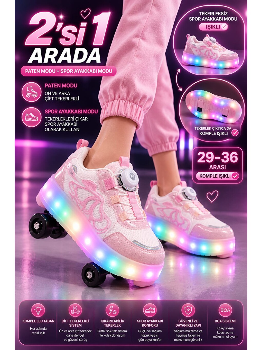 Pembe Unisex Çocuk, Işıklı, Spor Ayakkabı, Akıllı Bağcıklı, Çıkarılabilir Patenli Sneaker-3
