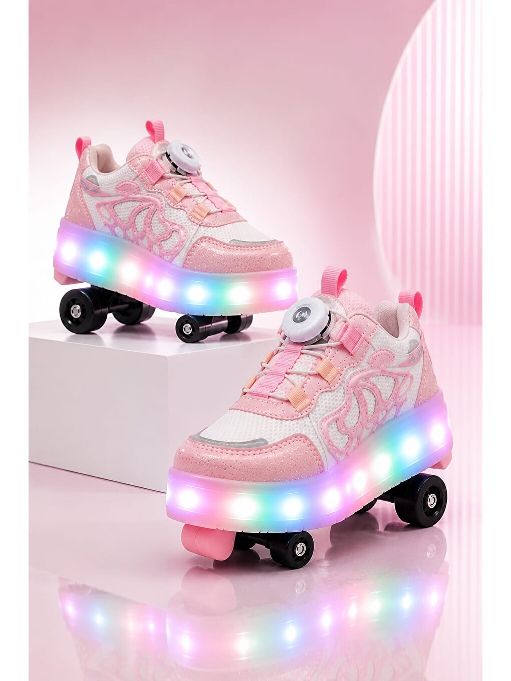 Pembe Unisex Çocuk, Işıklı, Spor Ayakkabı, Akıllı Bağcıklı, Çıkarılabilir Patenli Sneaker-4