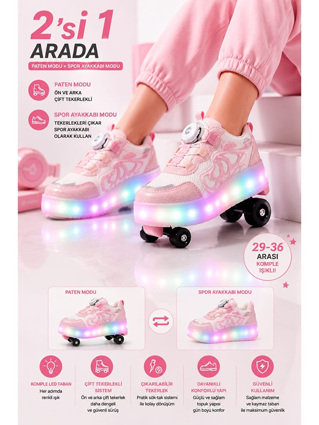 Pembe Unisex Çocuk, Işıklı, Spor Ayakkabı, Akıllı Bağcıklı, Çıkarılabilir Patenli Sneaker-5
