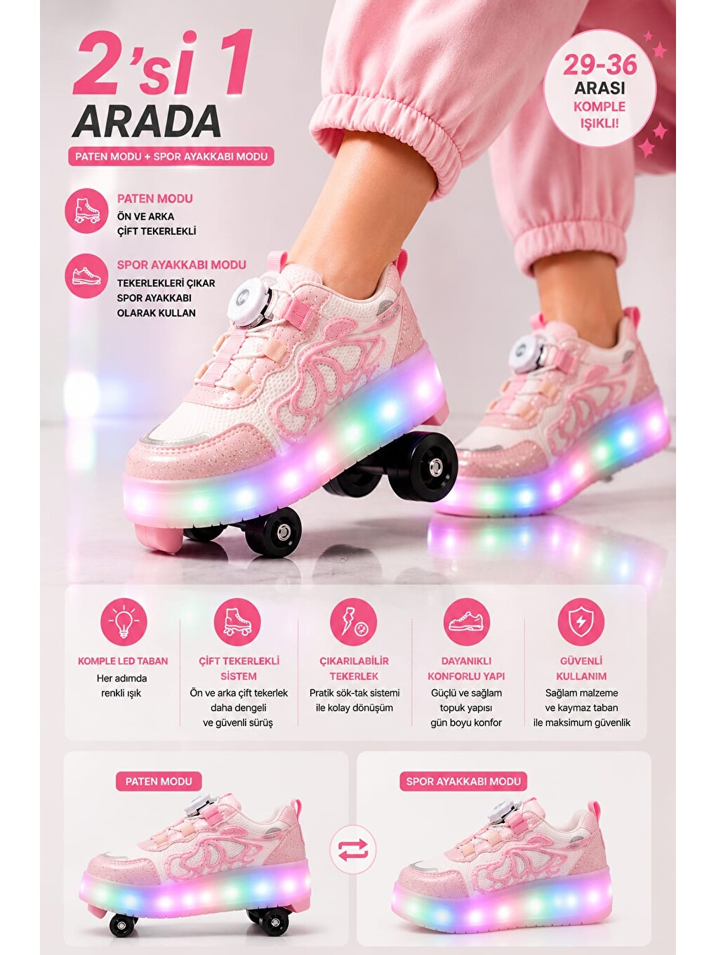 Pembe Unisex Çocuk, Işıklı, Spor Ayakkabı, Akıllı Bağcıklı, Çıkarılabilir Patenli Sneaker-6