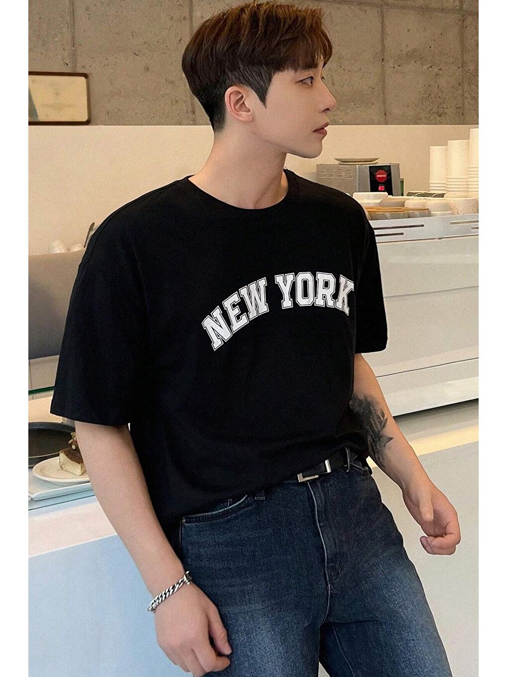 uyguntarz Siyah Erkek New York Baskılı Oversize Tshirt