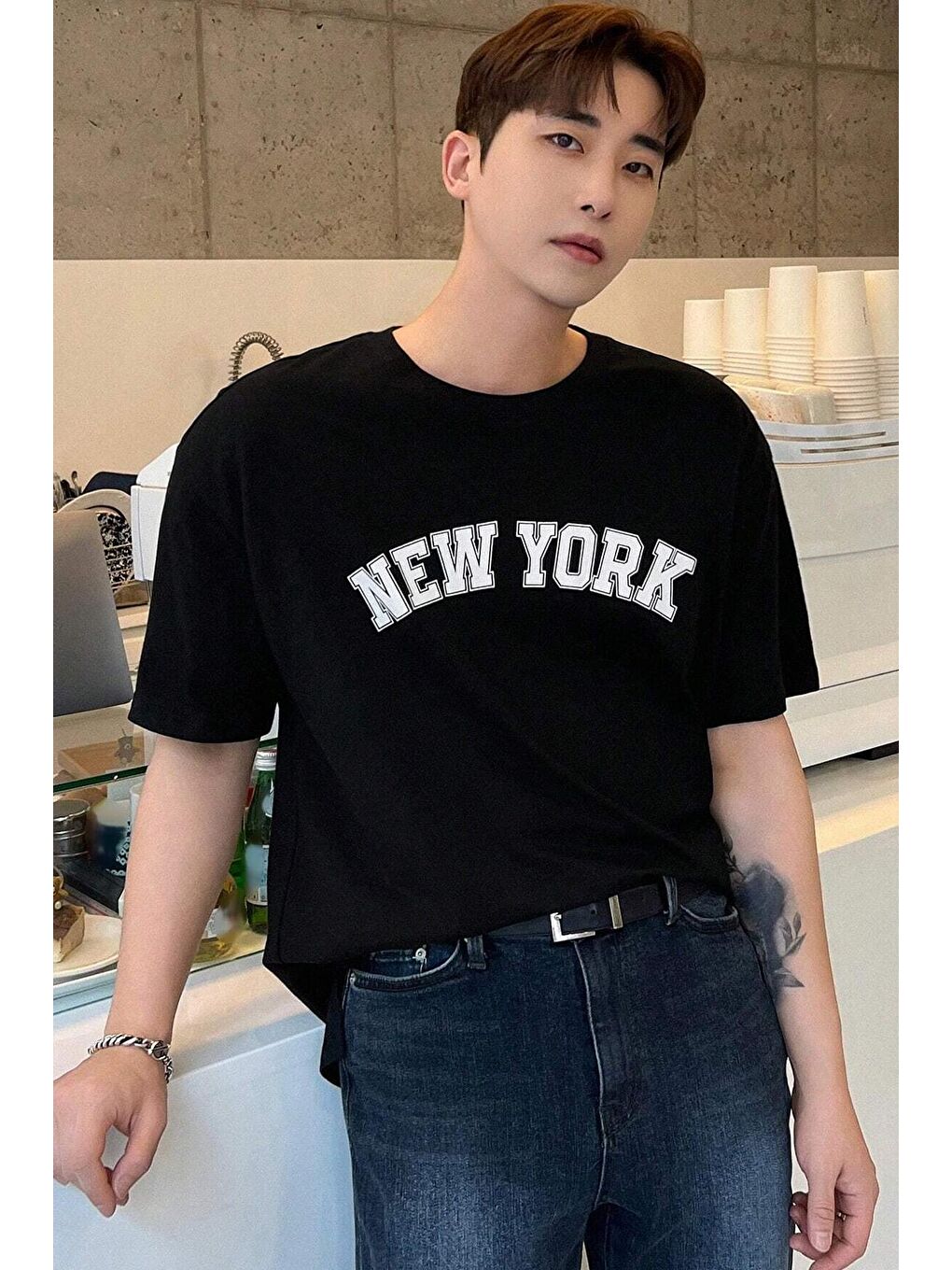 uyguntarz Siyah Erkek New York Baskılı Oversize Tshirt - 1