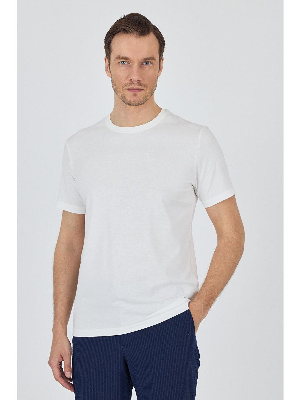 Kahverengi Açık Krem Kısa Kol Bisiklet Yaka Cepsiz Pamuk Casual Slim Fit %100 Pamuk Tişört 1011250158-2