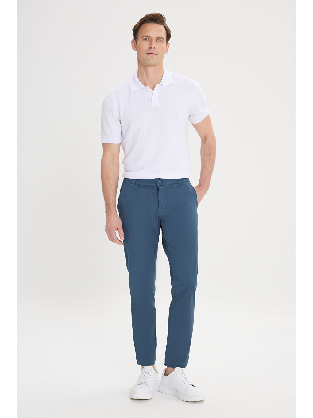 Erkek Petrol Slim Fit Dar Kesim Yan Cep Pamuklu Esnek Chino Pantolon