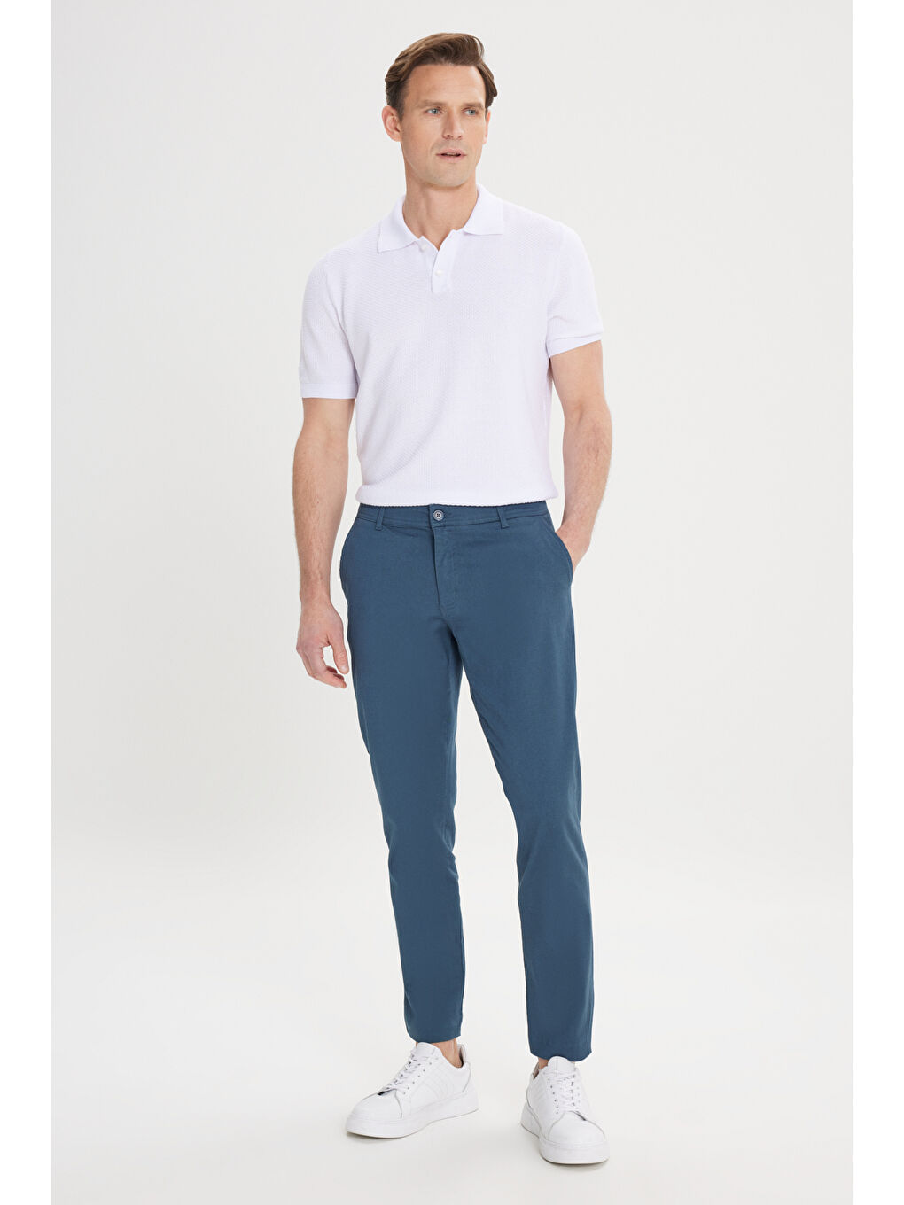 Erkek Petrol Slim Fit Dar Kesim Yan Cep Pamuklu Esnek Chino Pantolon-2