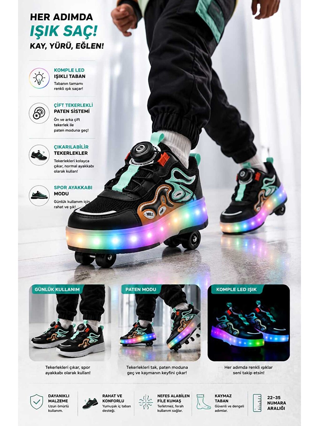 Siyah Unisex Çocuk, Işıklı, Spor Ayakkabı, Akıllı Bağcıklı, Çıkarılabilir Patenli Sneaker-1