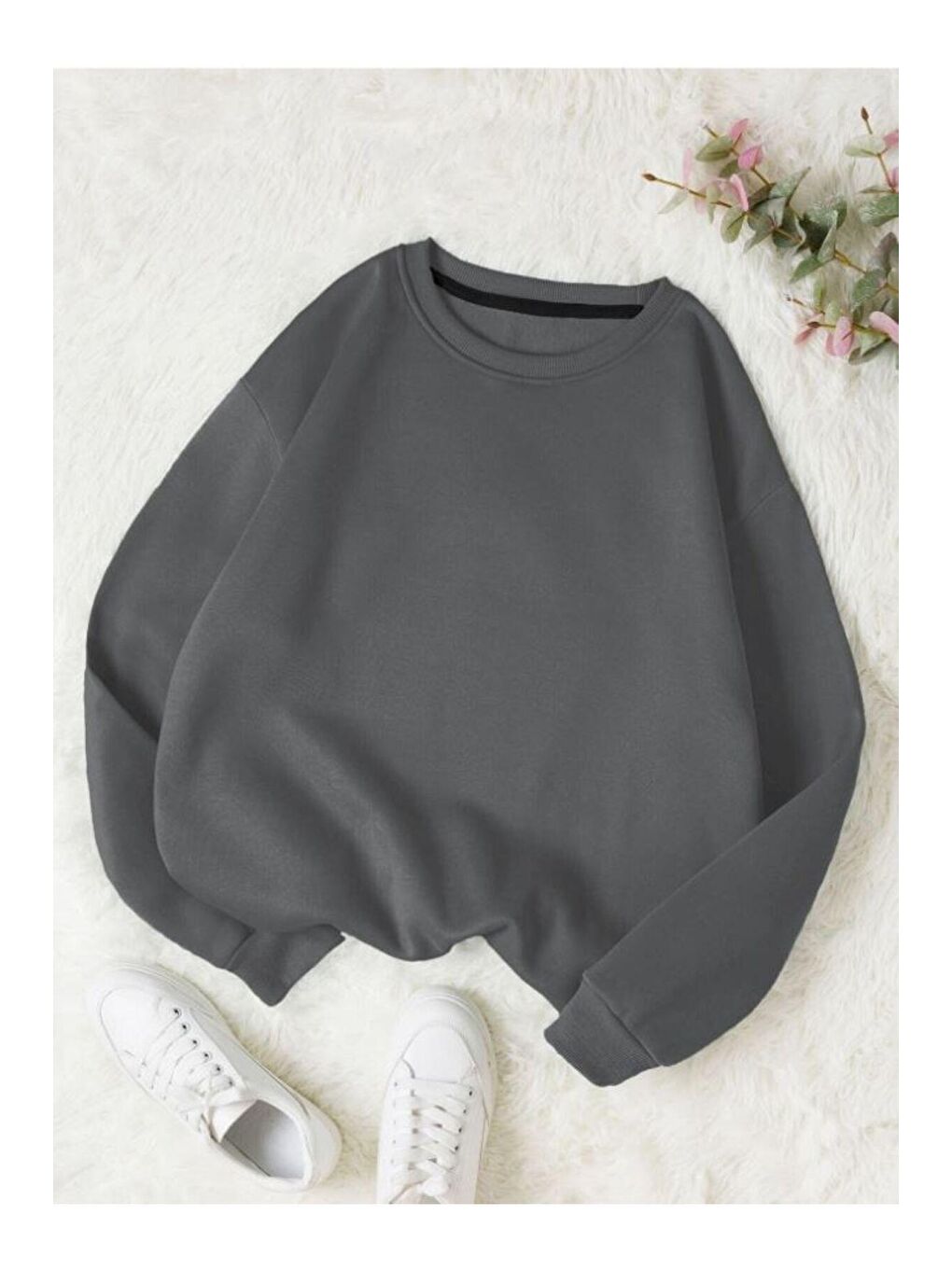 Trendseninle Füme Kadın Füme Düz Bisiklet Yaka Sweatshirt