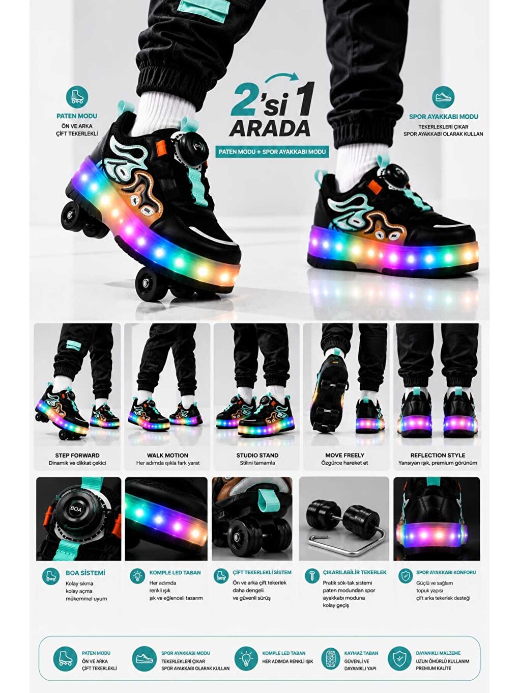 Siyah Unisex Çocuk, Işıklı, Spor Ayakkabı, Akıllı Bağcıklı, Çıkarılabilir Patenli Sneaker-3