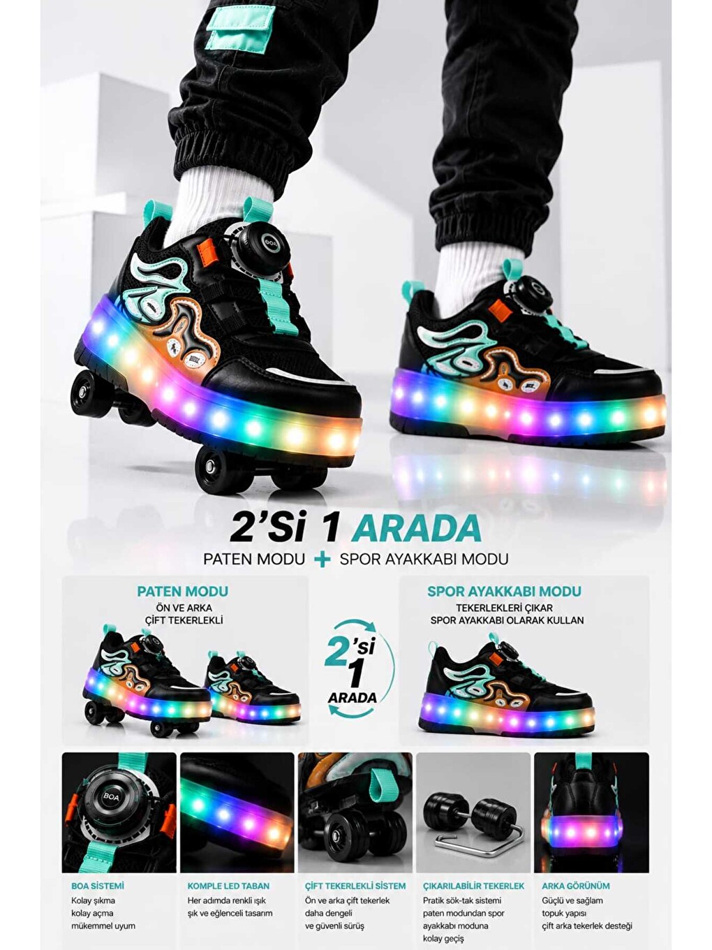Siyah Unisex Çocuk, Işıklı, Spor Ayakkabı, Akıllı Bağcıklı, Çıkarılabilir Patenli Sneaker-4