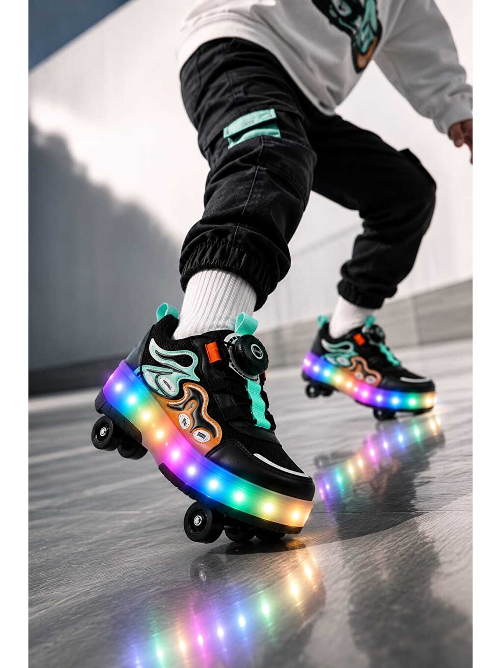 Siyah Unisex Çocuk, Işıklı, Spor Ayakkabı, Akıllı Bağcıklı, Çıkarılabilir Patenli Sneaker-5