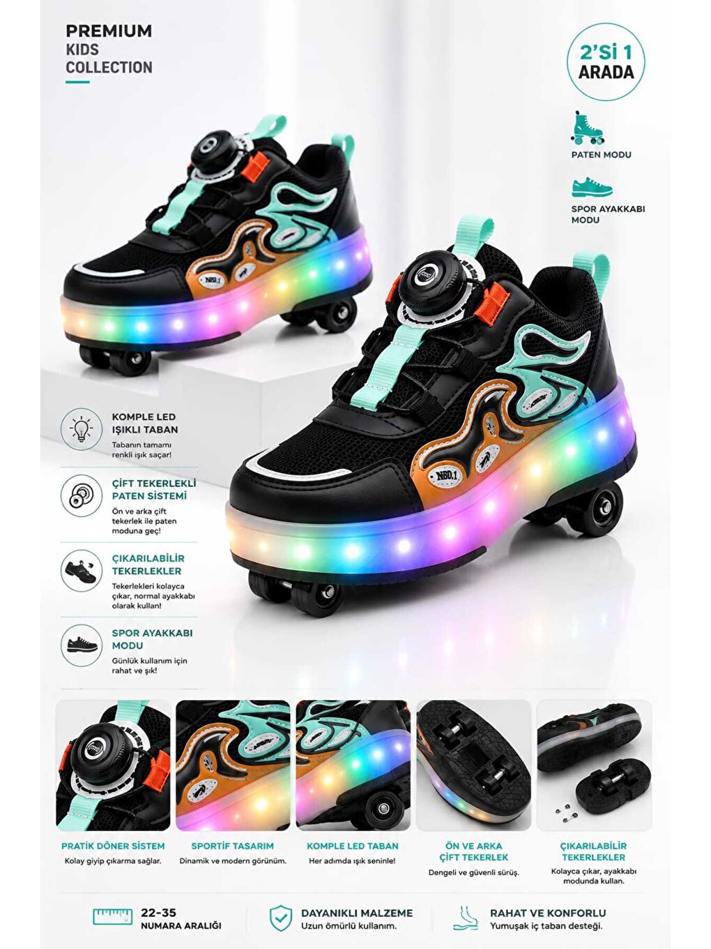 Siyah Unisex Çocuk, Işıklı, Spor Ayakkabı, Akıllı Bağcıklı, Çıkarılabilir Patenli Sneaker-6