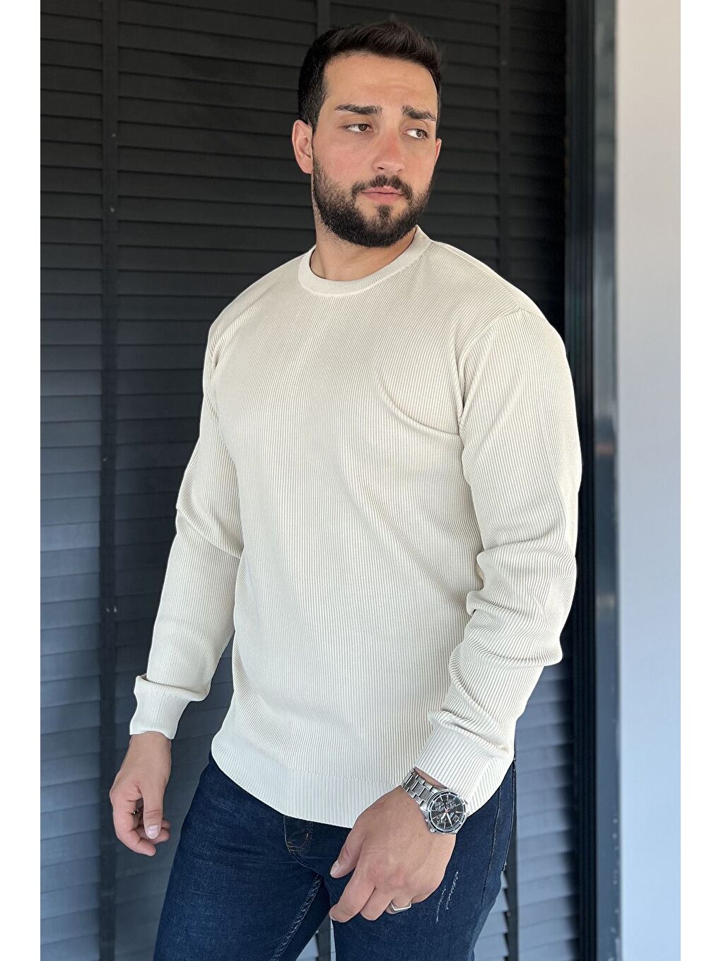 Bej Bisiklet Yaka Desenli Erkek Triko Kazak