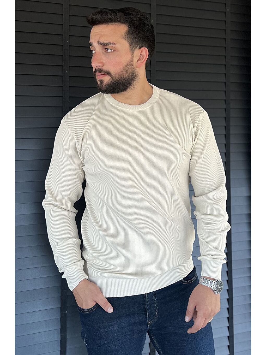 Bej Bisiklet Yaka Desenli Erkek Triko Kazak-1