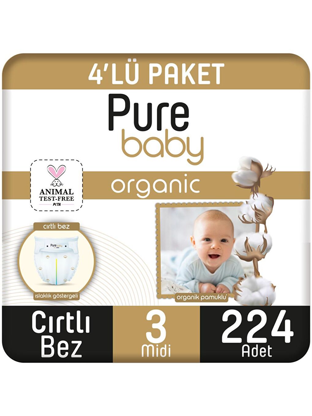 Pure Baby Renksiz Organik Pamuklu Cırtlı Bez 4'lü Paket 3 Numara Midi 224 Adet