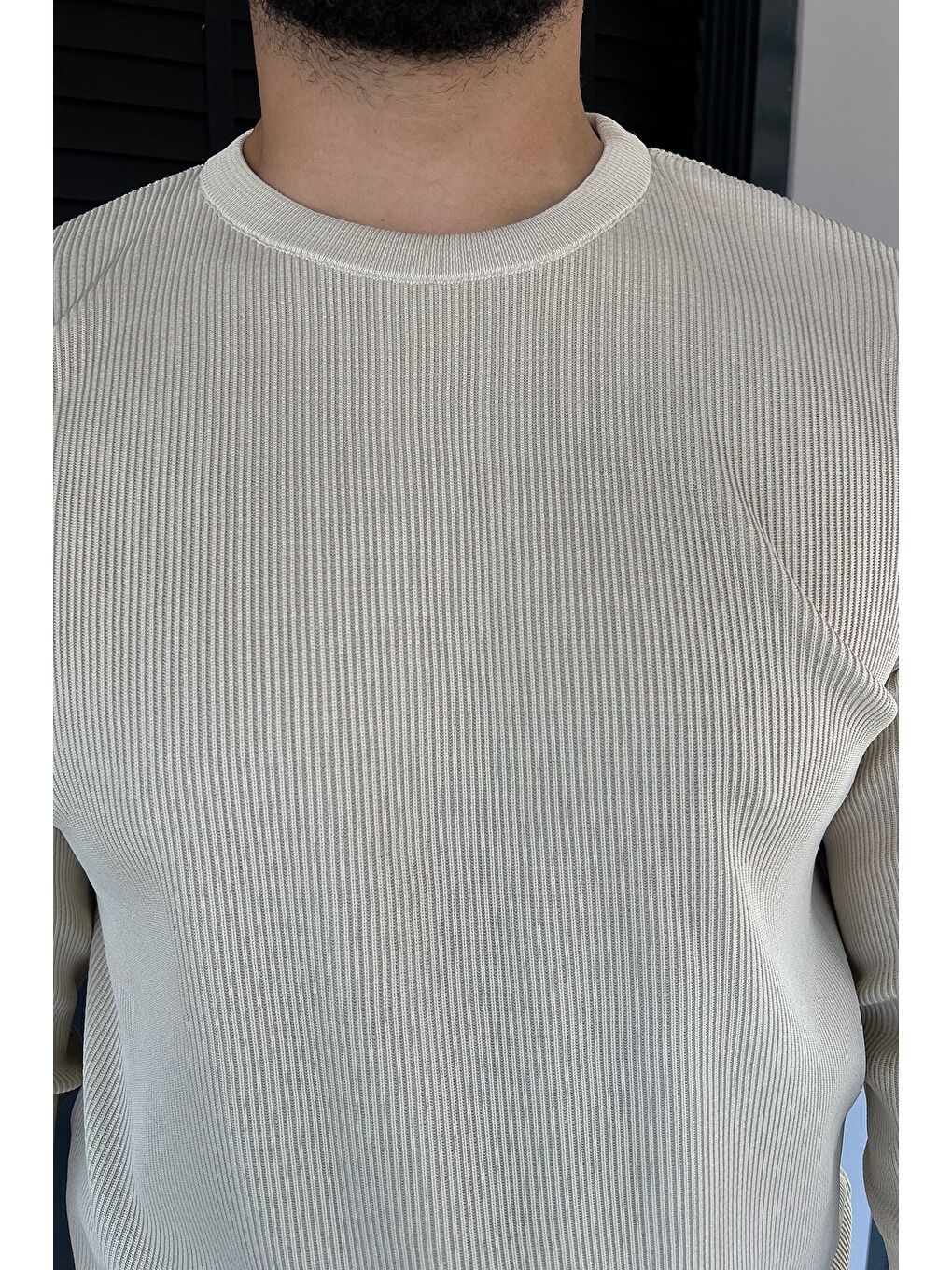 Bej Bisiklet Yaka Desenli Erkek Triko Kazak-2